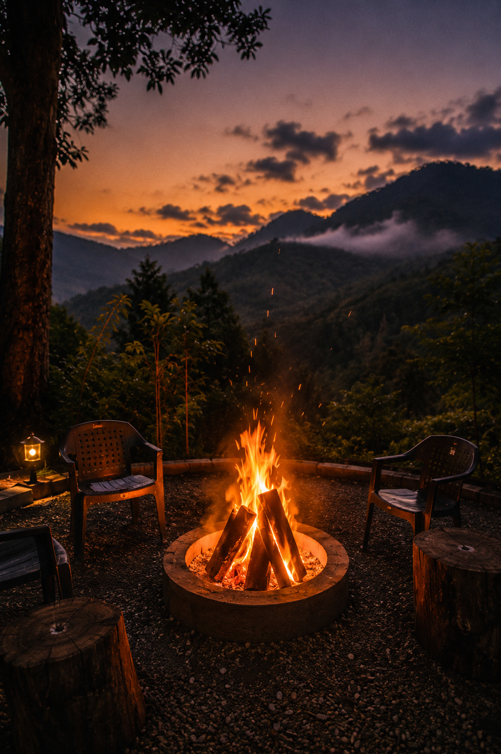 Bonfire, cold-season evening.