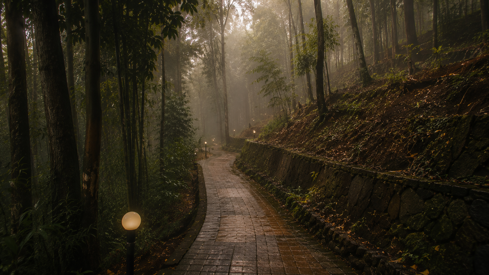 A lantern-lit stone pathway winding through misty forest at dusk