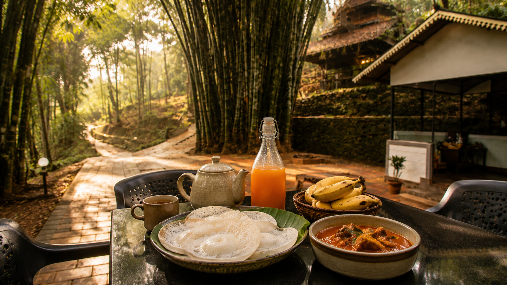 A Kerala breakfast spread of appam, curry, fresh juice, and bananas on an outdoor table by a bamboo grove