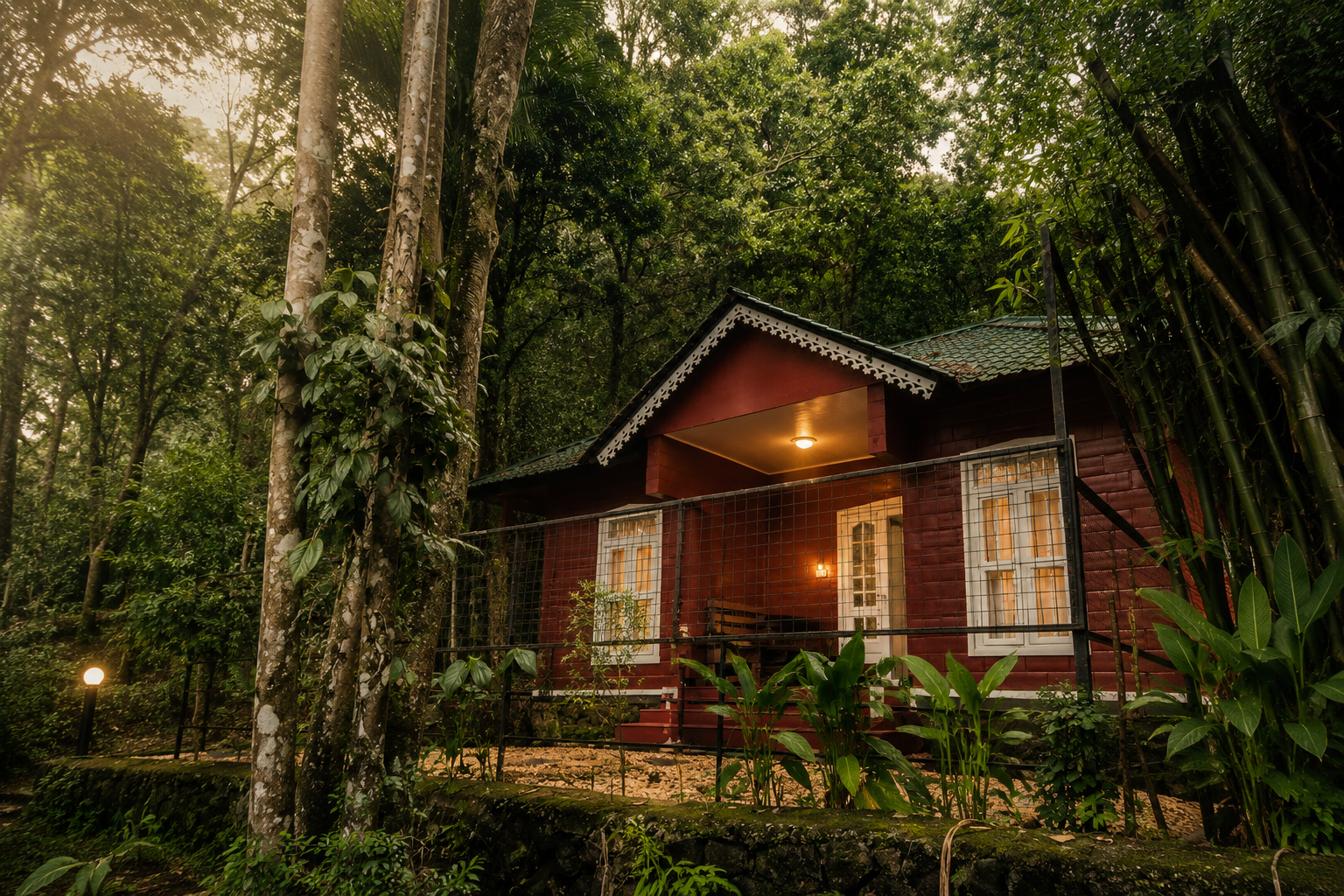 Tarry Cottage's red-painted exterior with a pitched green roof, lit warmly at dusk among tall forest trees