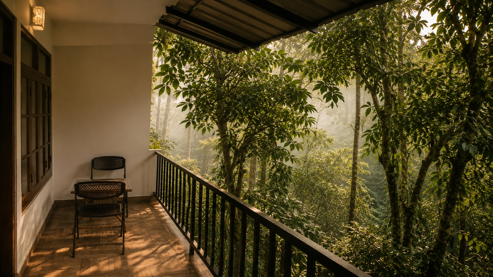 Sparrow Hut's private balcony with a small table and two woven chairs, overlooking misty forest canopy